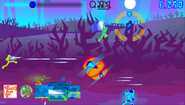 Gameplay caption of Haunted Turf, with Ben Stickobi, Stickyle and Westick fighting off Big Blue and the residents of the Haunted Turf