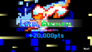 Gameplay caption of Bitland, with the level being completed and showing Stucker's pixel image in the background