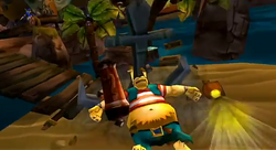 Jake encontrando su final tras ser impactado por un ancla en la cabeza.