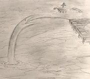 A drawing of a Slaargh attacking, with Mario throwing a shell at it and another Slaargh beside him emerging.