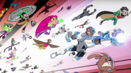 Titans of all universes in Teen Titans v. Teen Titans Go!