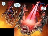 Superman fires the Heat Vision at Doomsday.