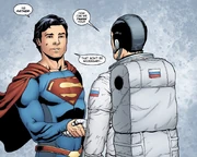 Superman and the Cosmonaut shake hands.