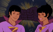 Michael Bell and Louise Williams as the voices of the Wonder Twins in Super Friends.