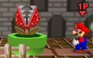 Mario devant une Plante Piranha dans le Stage Royaume Champignon