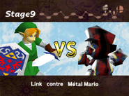 Link sur le point d'affronter Métal Mario dans Super Smash Bros..
