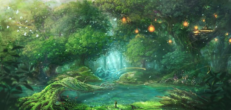 Premium Photo  The enchanted forest of the magic natural landscape and  river flow background, fairy tale forest