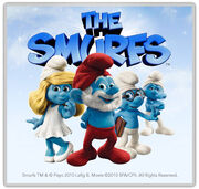 Een plaatje van de film. De Engelse titel, Smurfin, Grote Smurf, Brilsmurf, Moppersmurf.