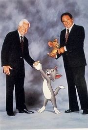 William Hanna and Joseph Barbera with their cartoon characters, Tom and Jerry.