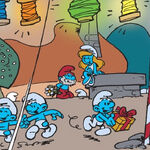 Papa Smurf presenting flowers to Smurfette