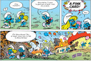 Brainy wins the heart of Smurfette with a pink card, leaving other Smurfs in shock.