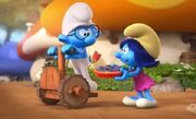 Blossom offers Brainy a pie in exchange for being able to use his smurfway in "Relaxosmurf"