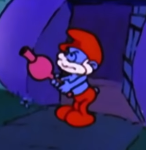 An eye coloring error in The Stuff Dreams Are Smurfed Of episode. Papa Smurf's eyes (except for his black eyes pupils) were briefly colored in blue (like his skin color) as opposed to white, as most characters have it.