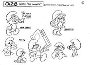 Brainy, Papa, and Smurfette's joined model sheet from 1983