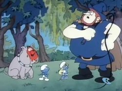 Bombast is trying to teach the Smurfs a trick.
