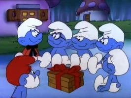 Handy (located next to the Smurf on the right) without his accessories, Lazy (next to Brainy) resembling Clumsy, and Painter's normal Smurf hat.