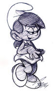 Based on a Smurfette pose in the Peyo-reminiscent style, but no reference directly used. Drawn on May 9th, 2014.