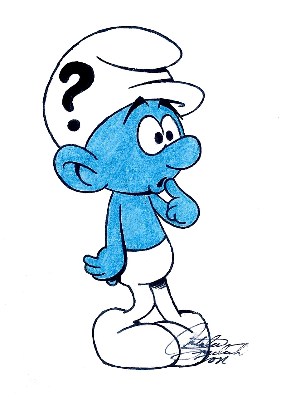 He is easily indentified by wearing a Smurf hat with a black question mark ...