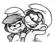 Loosely based on the picture of Smurfette and Gusty from "Smurfy Hollow," but with more attitude. Drawn on Feb. 20th, 2014. (This sketch was so small, I accidentally trimmed off half my signature.)
