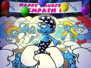 Smurfette in the background watching Empath wearing his new smurfday suit