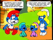 Papa Smurf and Smurfette look at Baby Smurf and Baby Smurfette crying together