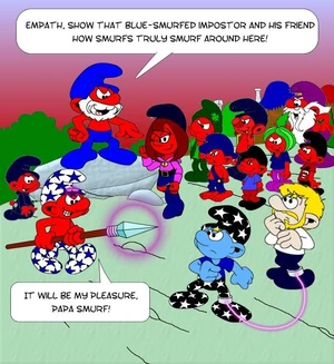 A group gathering of the Mirror Universe Smurfs against normal universe Empath and Polaris