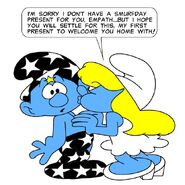 Empath is greeted with a birthday kiss from Smurfette.