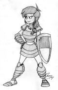 A first attempt at drawing full-body lady armour on my main femme. I haven't thought of a helmet yet, but I like the braid; she looks like a Viking warrior with it. Drawn between March 17th - 19th, 2014.