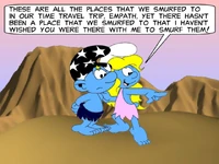 Smurfette shows Empath the places she and the other Smurfs have traveled to through time in the Imaginarium.