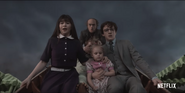 The Baudelaires and Count Olaf On a boat out of Hotel Denouement.