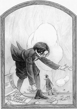 Klaus trying to pick up the scraps of the Quagmires' notebooks in the hinterlands.