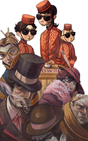 The Baudelaires in disguise as Concierges.