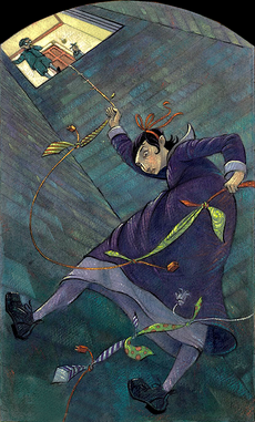 Violet descending the ersatz elevator using her ersatz rope.