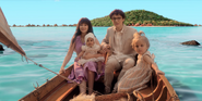 The Baudelaires sailing away from the island with Beatrice.