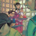 Violet in the school cafeteria.