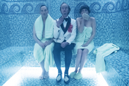 Count Olaf with Jerome Squalor and Babs in a sauna.