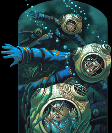 Fiona and the Baudelaires dive to the Gorgonian Grotto.