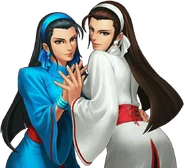 MakiKagura.png (367 KB) Maki Kagura (blue) and Chizuru (white) in The King of Fighters '98 Ultimate Match Online artwork.
