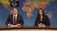 He also co-anchored with Cecily Strong. Meyers remained Weekend Update anchor up until his final episode is on February 1, 2014, hosted by actress Melissa McCarthy, with musical guests Imagine Dragons.