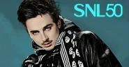Season 50 of Saturday Night Live Bumper Photo from January 25, 2025, the twelfth episode of Season 50 of Saturday Night Live and the last episode before the Saturday Night Live 50th Anniversary Special: Timothée Chalamet's 3rd time as the host and his first and only time as the musical guest on SNL.