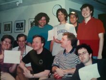 Several of the writers sometime between 1992 and 1995. Fred is standing next to Adam Sandler and wearing the grey Northwestern shirt.