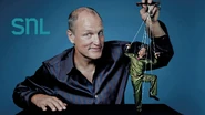 Season 48 of Saturday Night Live Bumper Photo from February 25, 2023, the thirteenth episode of Season 48 of Saturday Night Live: Woody Harrelson's 5th time as the host, with musical guest Jack White, thus making both of them are five-timers to enter the Five-Timers Club on SNL.