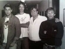 From left to right- Adam Sandler, Fred Wolf, Chris Farley, and David Spade in the hallway at 30 Rock.