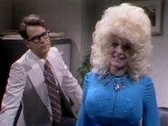 Jane Curtin as Dolly Parton (right) on the May 19, 1979 during the "Veterans of Foreign Hairdos" sketch.