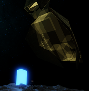 The Titania Entity looking down at a blue monolith
