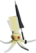 A red-eyed Galilean holding an umbrella