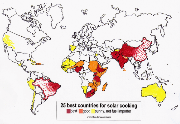 Map of countries with most solar cooking potential