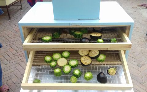 Food is arranged on open shelving in the upper enclosure