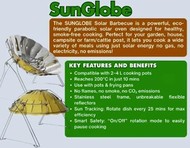 The SunGlobe parabolic solar cooker is easily positioned upside down when not in use