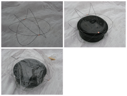 3 loop bag saver: Material is music wire and crimps are copper. To make: feed wire through both crimps until there are three 14" diameter loops. Move crimps to opposed sides and swage. Bending: Bottom loop forms bottom legs, top loop forms top protector, and middle loop is not bent.